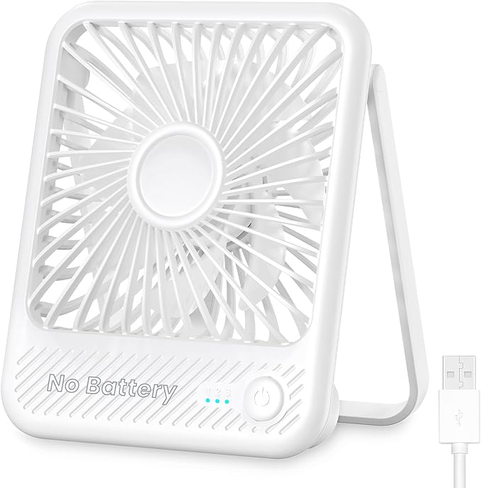 Koonie USB Desk Fan, Strong Wind Ultra Quiet Small Mini Fan | 180° Tilt Folding & 3 Speeds Adjustable, USB-C Corded Powered Personal Fan for Office Desktop Bedroom, White, NO BATTERY