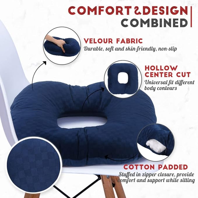 Stuffed Donut Pillow Seat Cushion | for Tailbone and Coccyx Pain, Hemorrhoids, Bed Sores, Pregnancy, Prostate, Surgery Recovery, Sitting Pressure Relief, for Home, Office and Car (Dark Blue)
