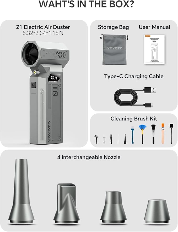 Compressed Air Duster, 150000RPM Electric Air Duster with LED Display & Brushless Motor, 4-Gear Air Blower Rechargeable with LED Light, Cordless Turbo Fan for Computer, Keyboard, Car, Home, Outdoor