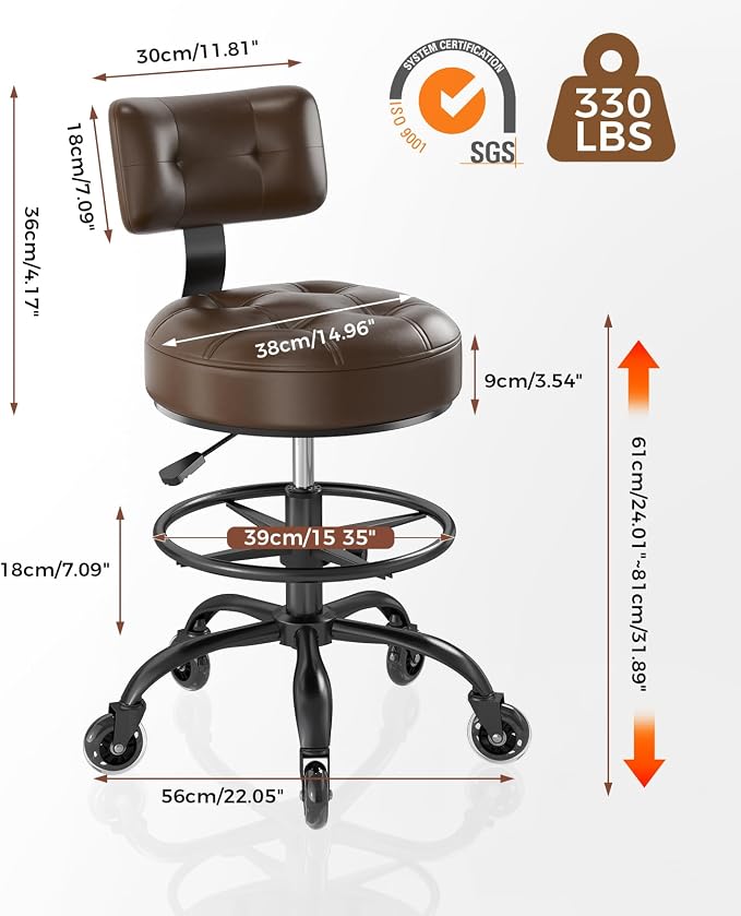 Office Drafting Chair with Footrest, Tall Height Adjustable Stool with Back Support, Heavy Duty Rolling Stool Chair with Wheels for Office Home Kitchen Bar Shop Guitar Studio Vanity, Brown