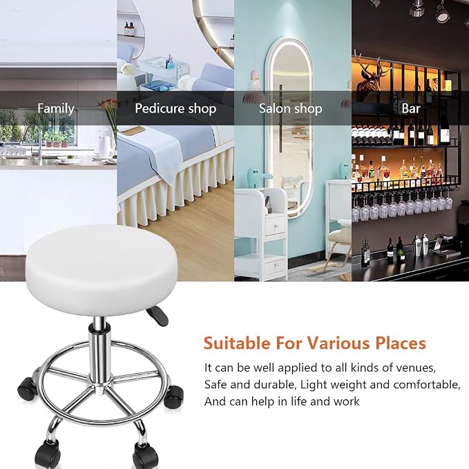 KKTONER PU Leather Round Rolling Stool with Foot Rest Swivel Height Adjustable Stool Spa Drafting Salon Tattoo Work Office Massage Task Chair White Small (White)