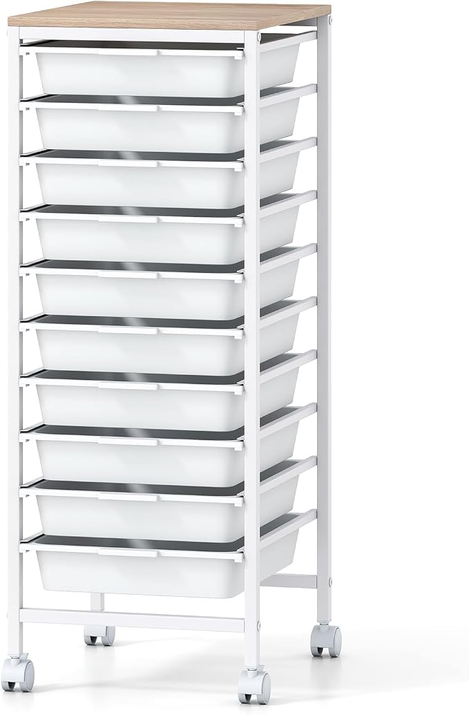 Giantex Rolling Storage Cart with 10 Drawers, Utility Cart w/Wooden Tabletop, Lockable Wheels, Multipurpose Organizer for Art Craft Books Paper, Drawer Carts for Dorm Classroom Office, White
