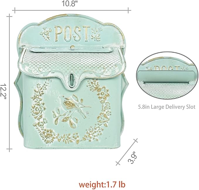 Wall Mount Mailboxes for Outside Vintage Mail Boxes for House Outside Metal Door Mailbox Drop Box Antique Style Nostalgic Charm Home Decorative, Green