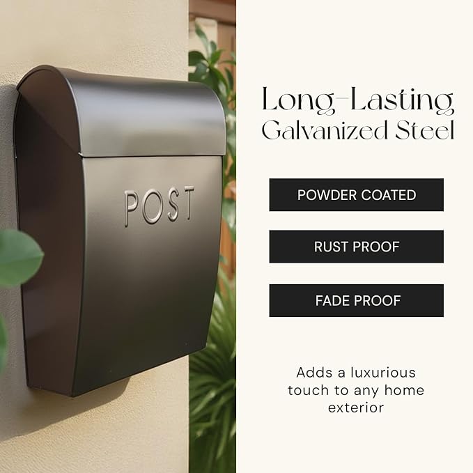 NACH Large Wall Mount Mailbox, 15.07 x 12.44 x 5.39 inches, Black Mailboxes for Outside Wall Mount, Waterproof - The Sylvia Mailbox