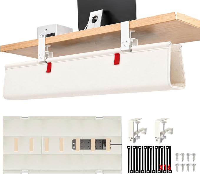 Under Desk Cable Management Tray – No Drill, 28" L x 6" W, Non-Scratch Silicone Clamps, 16 Cable Slots, Washable Honeycomb Base,Beige