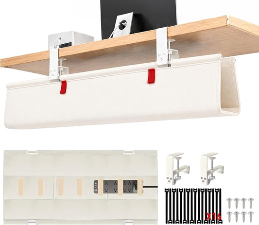 Under Desk Cable Management Tray – No Drill, 36" L x 6" W, Non-Scratch Silicone Clamps, 16 Cable Slots, Washable Honeycomb Base,Beige