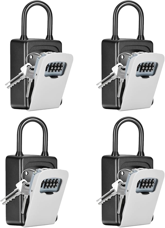 Portable Key Lock Box, Upgrade Clearly Visible Numbers, Lock Box Wall Mounted for House Key, 5 Key Capacity, Weatherproof Resettable Code (4 Pack, Grey)