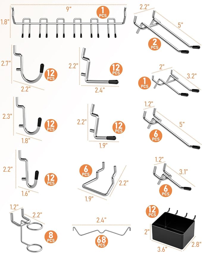 INCLY 170PCS 1/4 Inch Pegboard Hooks Kit with Bins & Peg Locks | Extra Thick Heavy Duty, Peg Board Organizer Accessories Assortment, For 1/4" Pegboard Hanging Tools Garage Wall Attachment