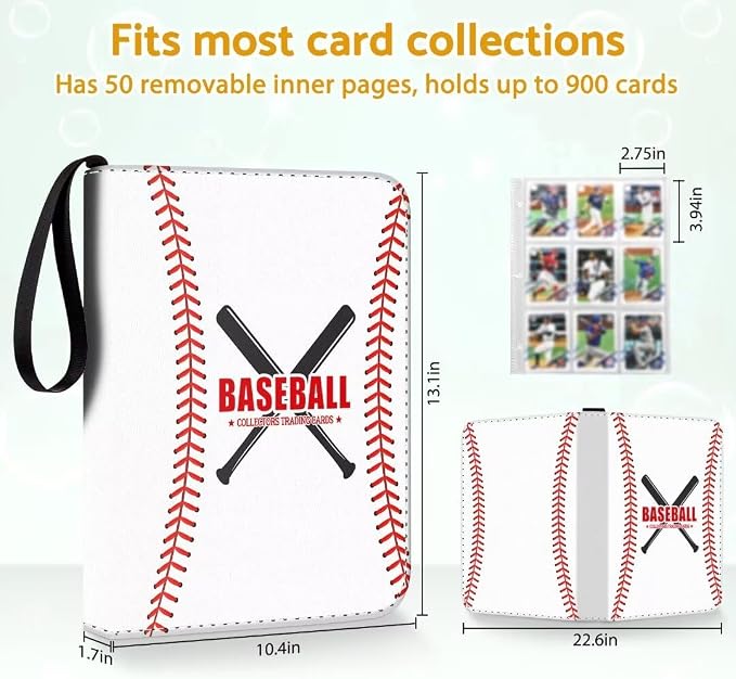 Baseball Card Binder Holder 900 Pockets with 50 Removable Sleeves, Portable Sports Trading Cards Binder Album Collector Organizer Protectors with Zipper,Waterproof