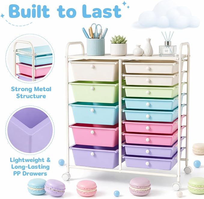 RELAX4LIFE 15 Drawer Rolling Storage Cart, Classroom Organization for School Teacher Office, Mobile Craft Art Supply Organizer, Utility Carts on Wheels for Paper Tools Scrapbook (Ice Cream Multicolor)