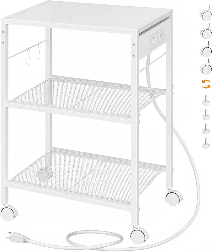 HOOBRO Industrial Printer Stand, 3-Tier Mobile Printer Table, Rolling Cart with Power Outlets and USB Ports, Home Printer Stand with 2 Hooks, for Office, Living Room, White WW22UPS01