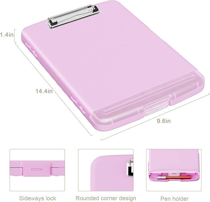 Piasoenc Clipboard with Storage, 8.5 x 11 Clip Board with Pen Holder, Pink | High Capacity, Heavy Duty Plastic Organization Box for A4 Legal Paper Folder, Folio & Side-Opening Nurses, Teachers, Student