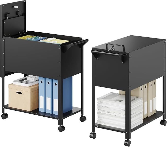 Mobile File Cabinet with Lock-Rolling Filing Cart with Wheels-Hanging Letter/A4/F4/Legal Size Movable Pull-Out File Folder for Home Office-Black