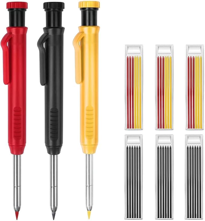 MECHEER 3 Pack Carpenter Pencils Mechanical Pencils with 36 Refills, Construction Pencils with Built-in Sharpener, Long Nib Deep Hole Heavy Duty Woodworking Pencil Marker for Architect (3 Colors)