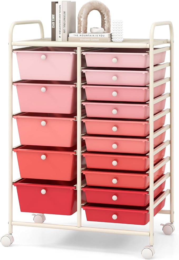 COSTWAY 15 Drawer Rolling Storage Cart, Mobile Storage Organizer | Removable Drawers & Metal Frame, Multipurpose Utility Tools Paper Organizer on Wheels for Home, Office (Mixed Pink)