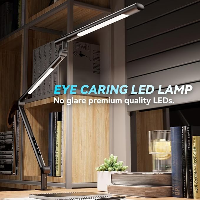 Dual Light Source LED Desk Lamp - Clamp Mount Office Table Light with Knob Remote Control, Adjustable Brightness & Color Temperature, 5 Lighting Modes for Reading, Computer, DIY