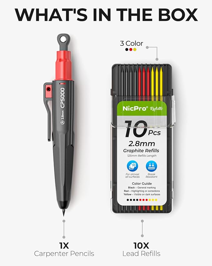 Nicpro 7-in-1 CP5000 Magnetic Carpenter Pencils with Sharpener and Holster | Construction Mechanical Pencil+10 Refill, Deep Hole Marker for Construction, Woodworking Pencil, Carpenter Tools for Marking