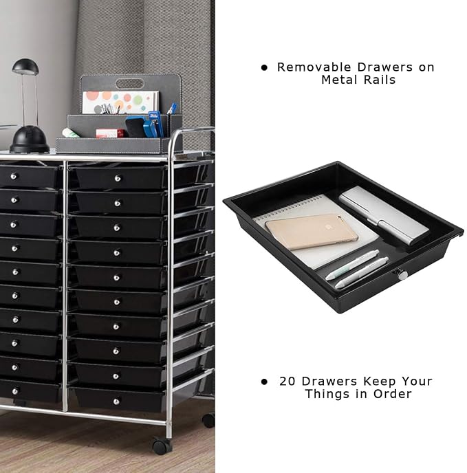Giantex 20 Drawer Rolling Storage Cart Tools Scrapbook Paper Office School Organizer (25 x 15 x 35 Inch, Black)
