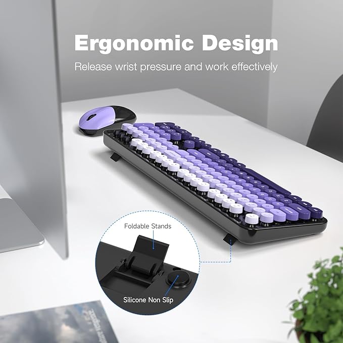MOFII Wireless Keyboard and Mouse Combo, Full Size 2.4G Plug and Play Typewriter Retro Round Computer Keyboard and Mouse Set for Windows, Computer, Desktop, PC, Notebook - (Black Purple Gradient)