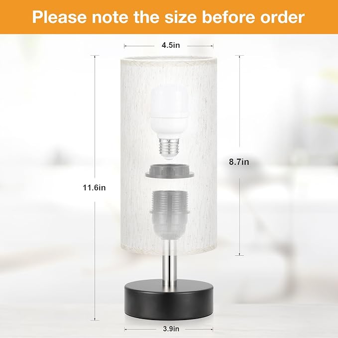 Table Lamp for Bedroom - Bedside Lamps for Night Stands（Blub Included） | Minimalist Desk Lamp | Linen Fabric Shade | for Living Room | for Dorm | 11.6" Inline Control