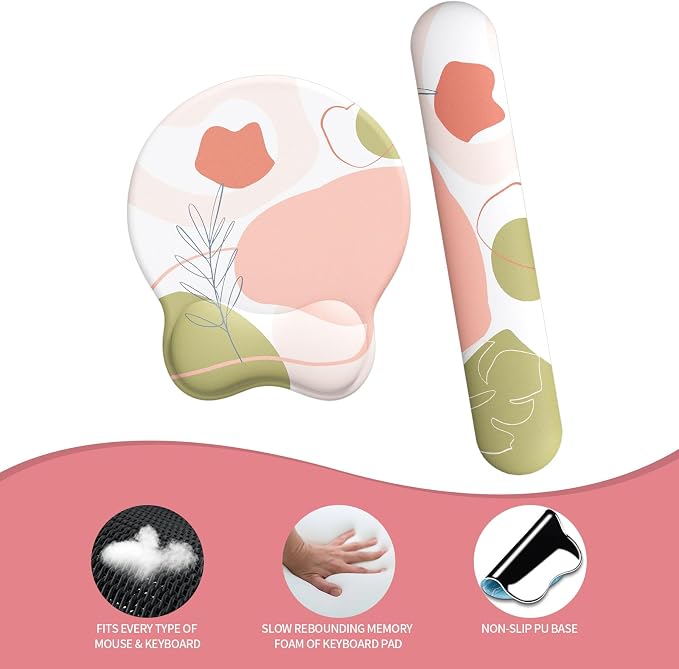 Mouse Pad Wrist Support, Ergonomic Memory Foam Keyboard Wrist Pad & Gel Wrist Rest Set for Computer Keyboard for Easy Typing & Pain Relief for Office & Home (Rose Set)