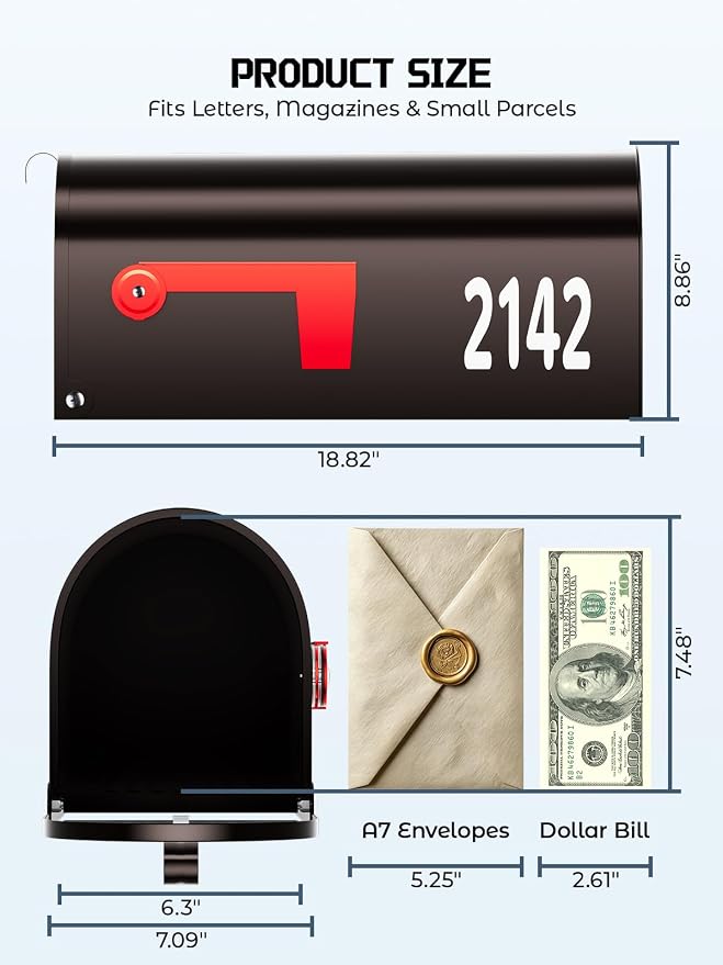 AZUNO Mailboxes for Outside, Metal Post Mount Mailbox with Red Flag & Address Numbers, Medium Capacity Mailbox for House, Galvanized Steel,19 * 8.9 * 7.1 inches, Dark Bronze
