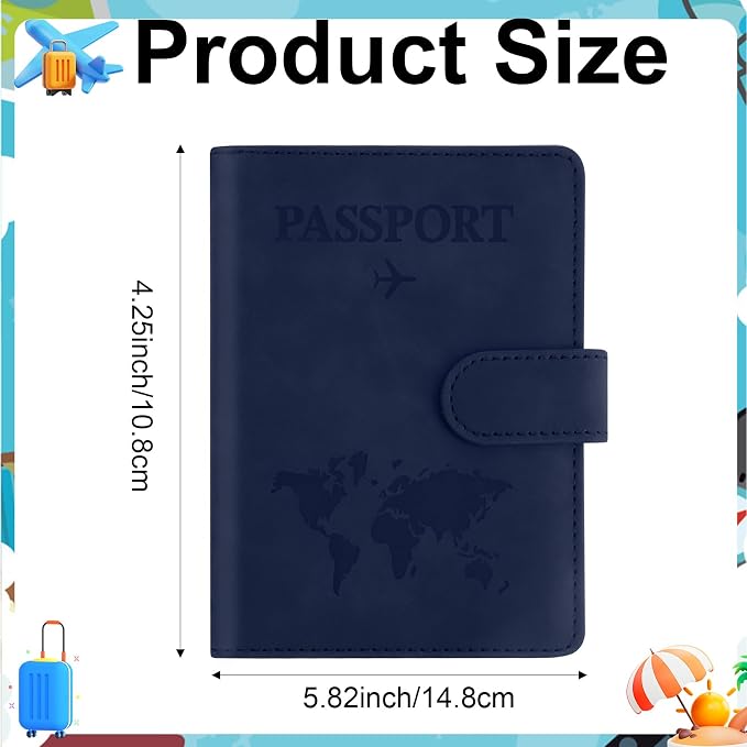Passport Holder for Travel Essentials, Dark Blue Leather Passport Cover, Passport Wallet Holders for Women Men Family Travel Gifts Must Have Accessories, Credit Card Cash Air Ticket Storage Supplies