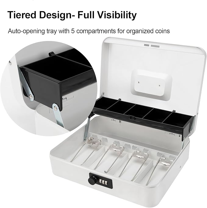 Jssmst Locking Large Metal Cash Box with Money Tray, Money Box with Combination Lock, White, SM-CB0511L