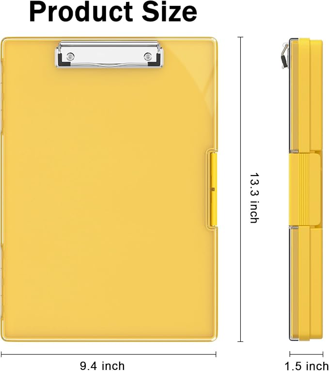 Rimilak Clipboard with Storage,8.5x11 2 Compartment Clip Board, Yellow | Smooth Writing, Side-Opening Plastic Folder with Pen Holder, Size 13.3 x 9.4 x 1.5″,for Classroom, Teacher, Student