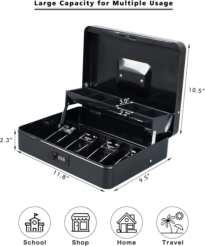 xydled Cash Box with Money Tray and Combination Lock,Tiered, Cantilever Design,4 Bill / 5 Coin Slots,11.8" x 9.5" x 3.5",Black