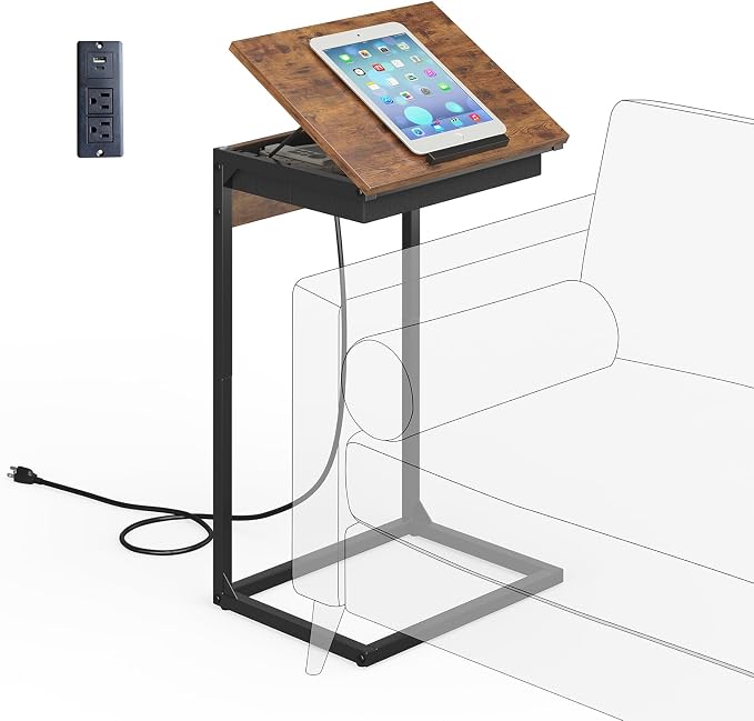 sthmec C Shaped End Table with Charging Station, 45° Tiltable Adjustable Flip Top Table with Storage,Small C Table for Small Spaces,Slide Under Couch Sofa Bedside Table for Living Room,Rustic Brown