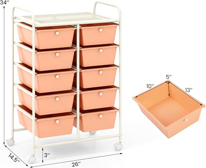 BECOMFORT 10-Drawer Rolling Cart with Drawers, Storage Cart on Wheels, Teacher Classroom Organizers with Metal Frame, Mobile Craft Cart, Trolley Utility Cart for School Office Play Room