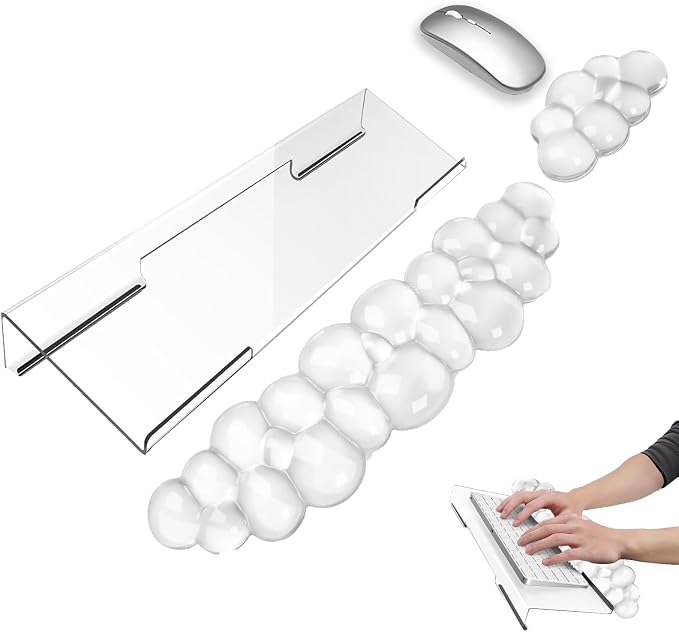 Gel Cloud Keyboard and Mouse Wrist Rest Set Transparent Acrylic Tilt Computer Keyboard Stand with Wrist Rest Ergonomic Silicone Mouse Wrist Pad for Keyboard Riser Holder for Desktop White 60%68% 75%