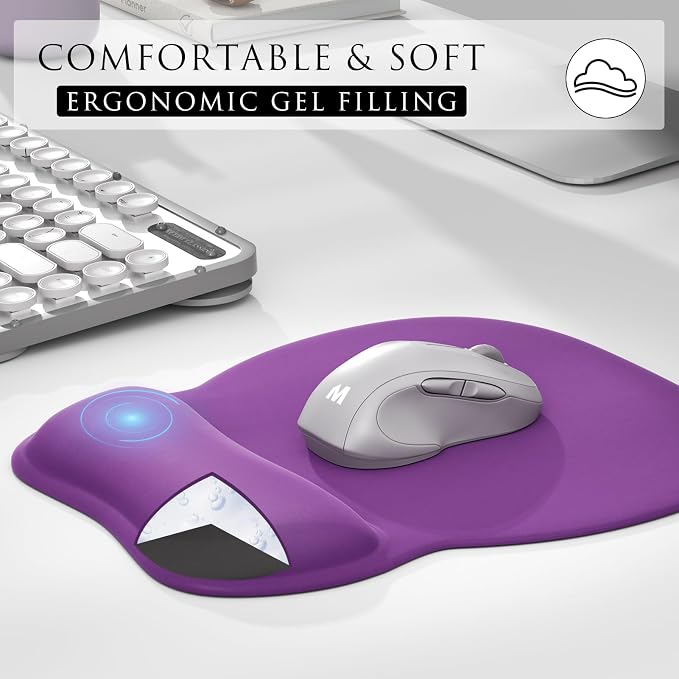 MROCO Ergonomic Mouse Pad with Gel Wrist Rest, 9.4 x 8.1 in, Violet Purple | Ergonomic Shape Design, Multiple Pattern Options, Gel Wrist Comfort, Smooth Lycra Surface, Non-Slip PU Base