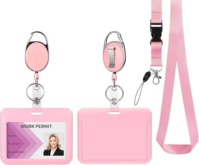 Pink Horizontal ID Badge Holder with Lanyard, Retractable Heavy Duty Oval Badge Reels,Detachable Keychain, for Nurse Officer Teacher Security Staff Women Men