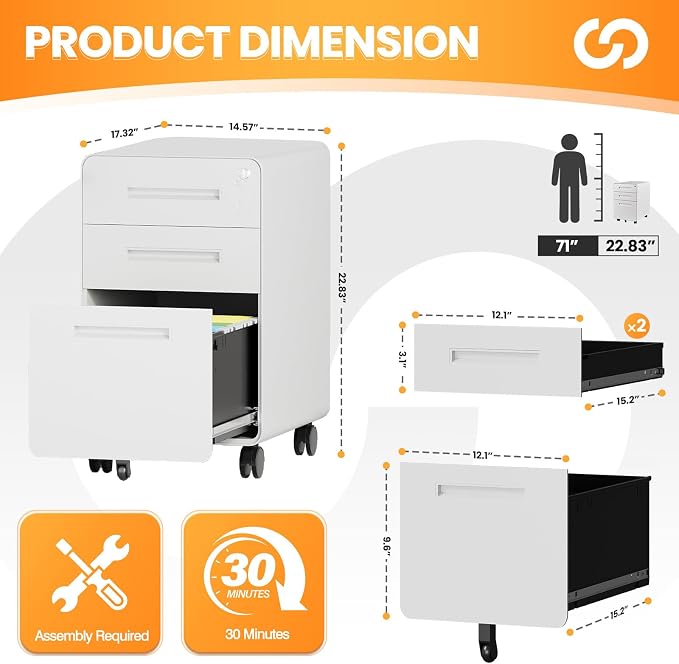 3 Drawer File Cabinet, Fully Assembled Mobile File Cabinets with Lock for Home Office, Metal Rolling Filing Caninet on Wheels, Three Drawer Under Desk Cabnet for Letter/Legal / A4 - White