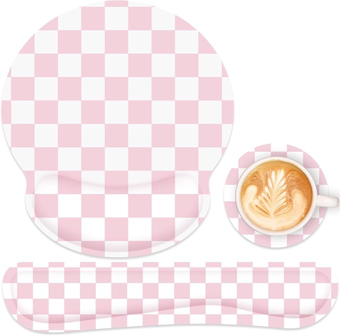 Ergonomic Mouse Pad with Wrist Rest and Keyboard Wrist Rest, Mousepad | Memory Foam Wrist Rest for Computer Keyboard, Pain Relief, Non-Slip Base, Mouse Pad Wrist Support for Gaming, Pink Checkered