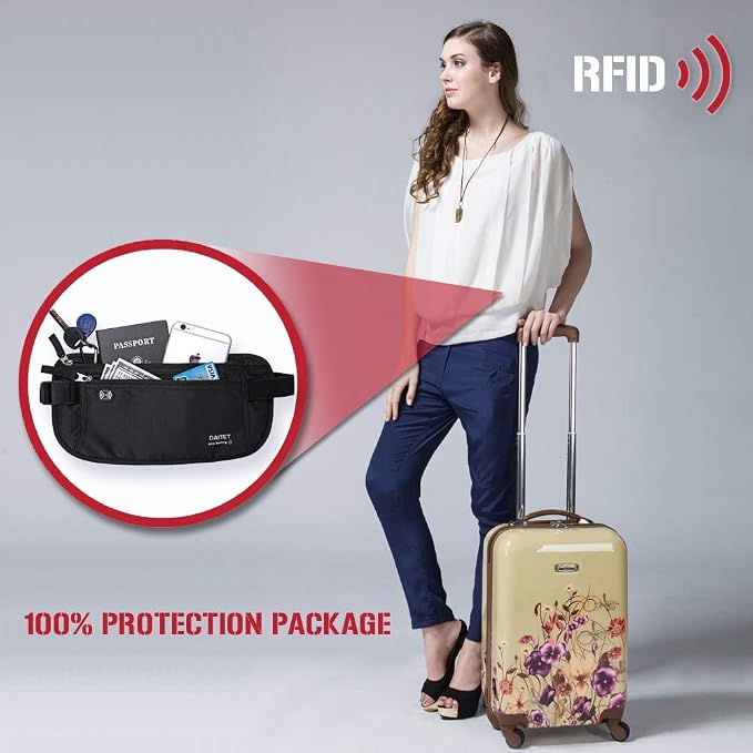 Money Belt - Passport Holder Secure Hidden Travel Wallet with RFID Blocking, Undercover Fanny Pack (Black)
