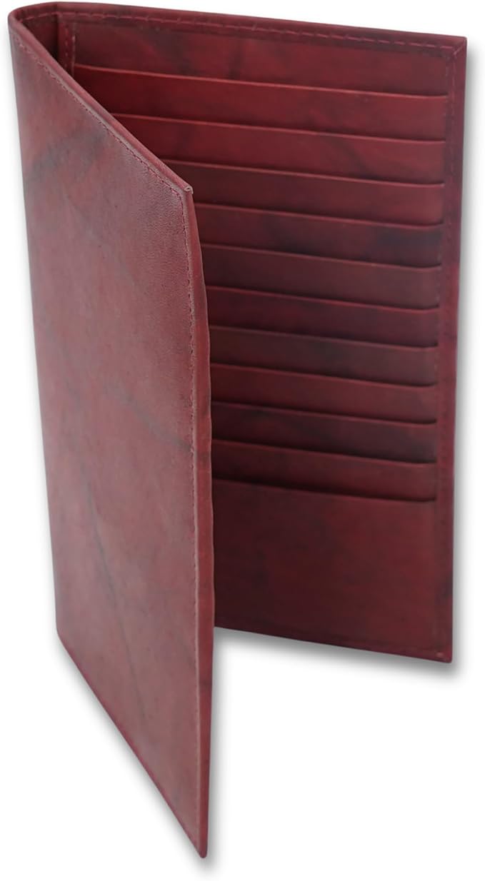 20 Card Wallet for Men, Long RFID Leather Credit Card Holder, Burgundy | 2 Bill Compartments | ID Window | Open Bifold | Organized Carry | Jacket Friendly