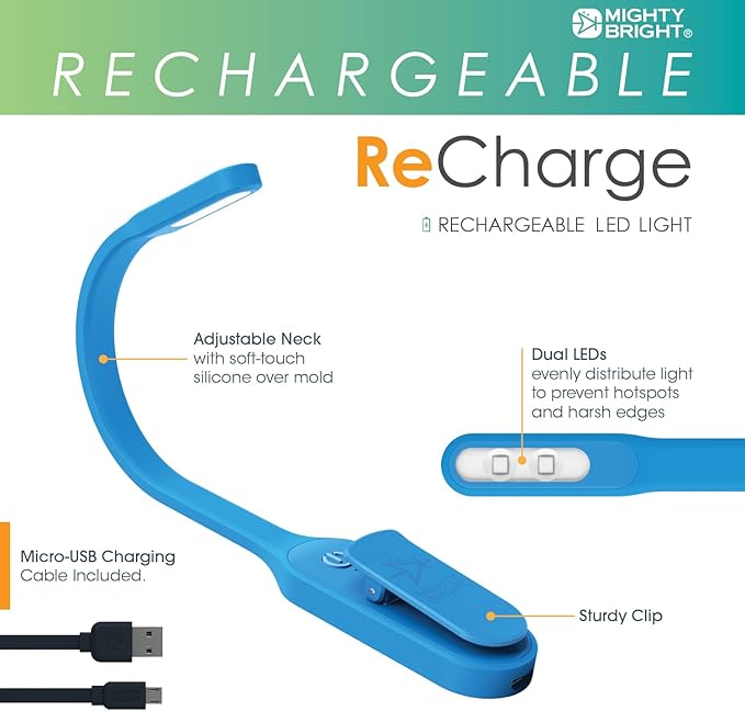 The Original Mighty Bright Recharge Clip On Rechargeable Book Light Reading Light, Warm Eye Care LEDs, Flexible, Durable, Dimmable, Perfect for Kids, Bookworms, Reading in Bed, Lasts 60 Hours (Blue)