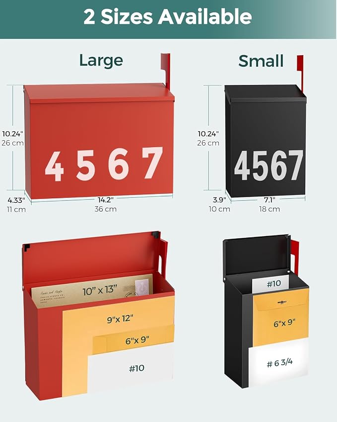 LAND·VOI Wall-Mount Mailbox with One Flag Kit and Three Sets of 0-9 Mailbox Number Stickers, Mailboxes for Outside, Galvanized Steel Rust-Proof Metal Post Box, 4.33" Dx14.2 Wx10.43 H, Red