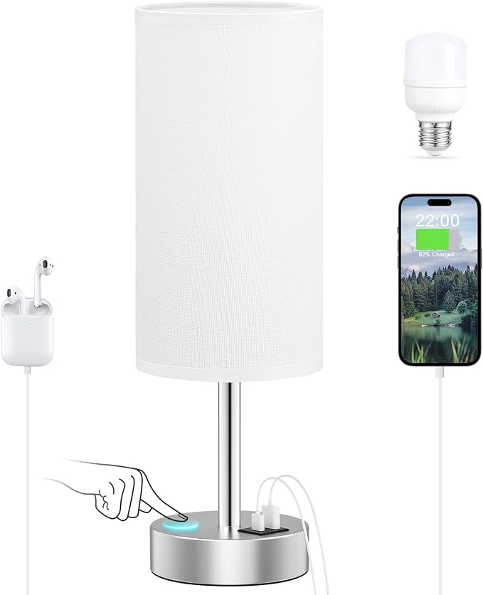 Dicoool Bedside Table Lamp for Bedroom - 3-Way Dimmable Touch Lamp, USB A+C | LED Bulb Included, 14" Small Nightstand Lamp for Desk, Living Room, Guest Room, White Fabric Lampshade, Silver Metal Base