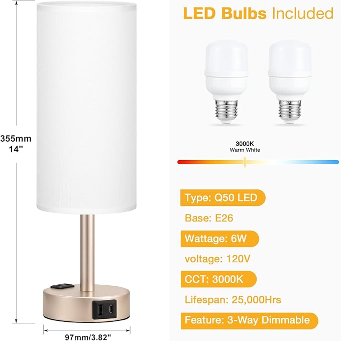 Touch Bedside Table Lamps Set - 3 Way Dimmable Bedroom Lamps Set of 2 with USB C and A Ports, Small Lamps for Nightstand with AC Outlet, Gold Base Round Flaxen Shade for Desk, Office, Dorm, Nursery
