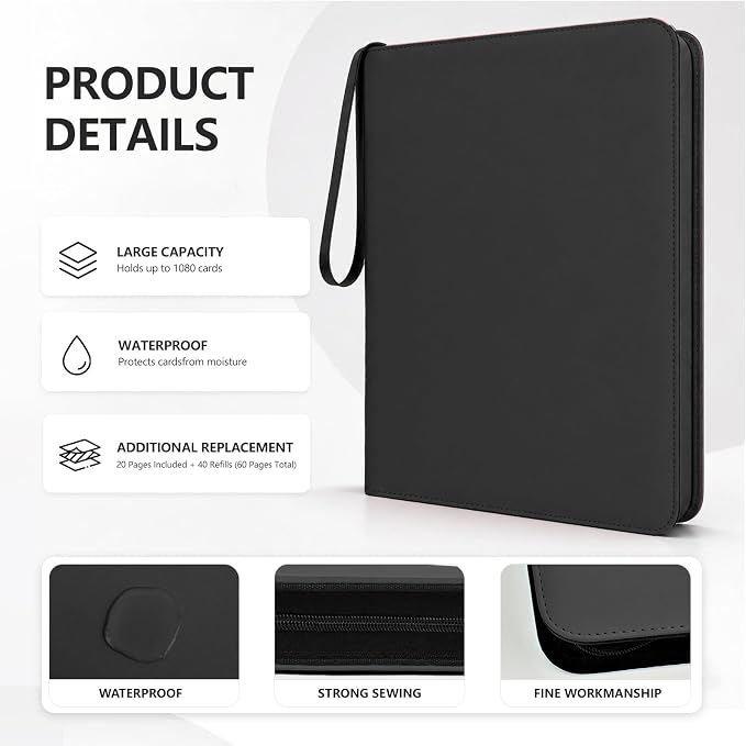 9 Pocket Trading Card Zip Binder - Holds 1080 Cards, 60 Pages Large-Capacity,Double-Sided Removable Sleeves, Suitable for Game Cards/Sports Cards Storage,Black