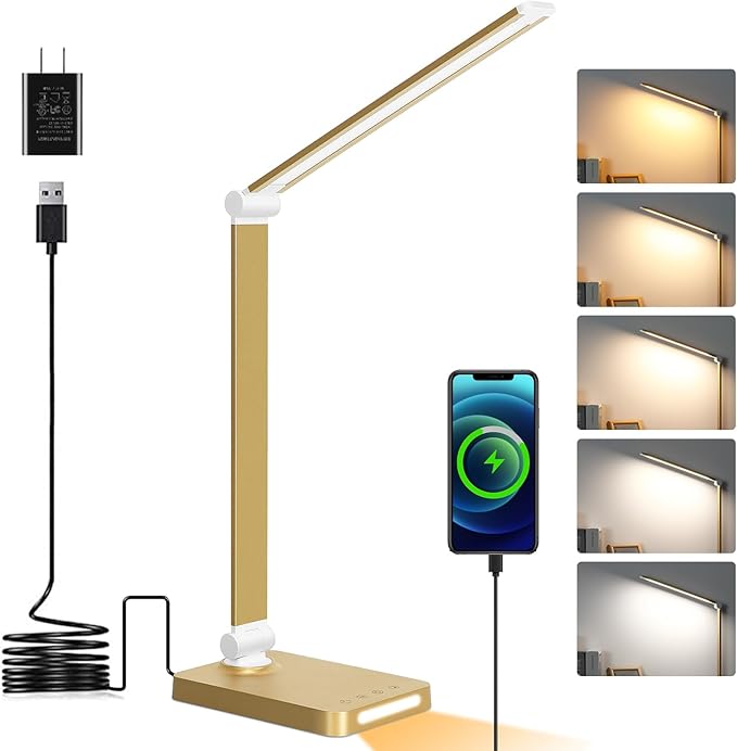 LED Desk Lamp with USB Ports,Touch Desk Lamps for Home Office with 5 Modes | 3 Brightness Desk Light with Small Night Light,Reading Lamp Table Lamp for Bedroom Bedside Study Gold （with adapter）
