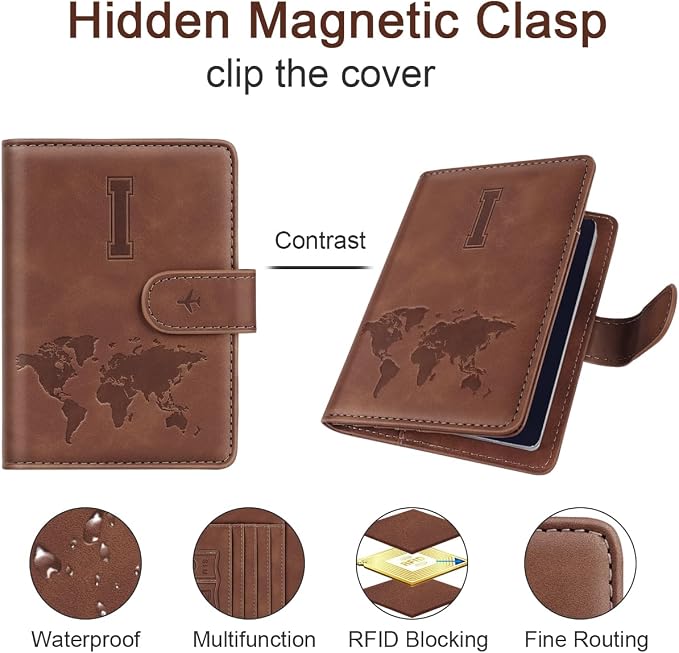 Passport Holder Wallet Cover Personalized Initial Travel Essentials | Embossed Letter A-Z Design, Travel Wallets, RFID Blocking, Passport Book Holders, Women Men, Personalized Gifts, Brown-I