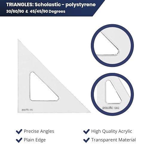 Pacific Arc's Scholastic Triangle - 8 inch - Clear - 45/90 Angle - Plain Edge - Polystyrene - Technical Drawing Tools, Drafting, Architect and Engineering.