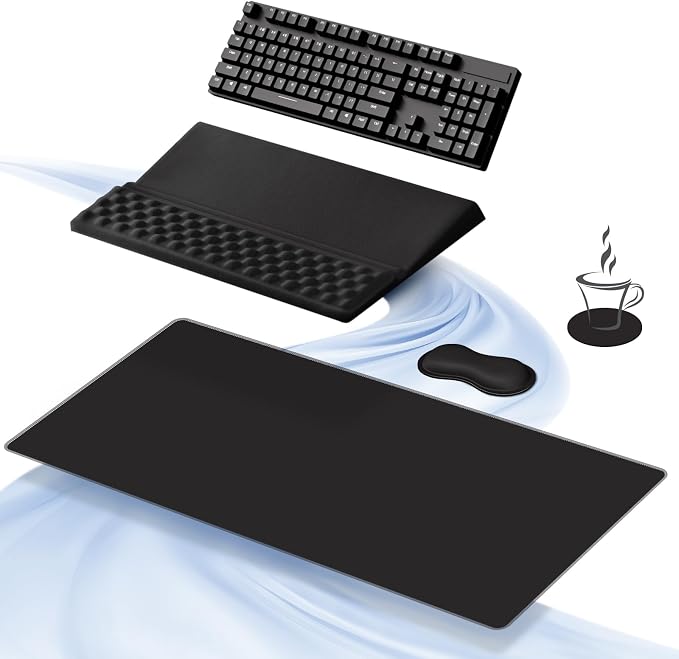 Ospelelf Keyboard Wrist Rest Stand Pad and Ergonomic Mouse Pad Set with Large Mousepad, Memory Foam Comfort, Premium Office Desk Accessories for Pain Relief, Black