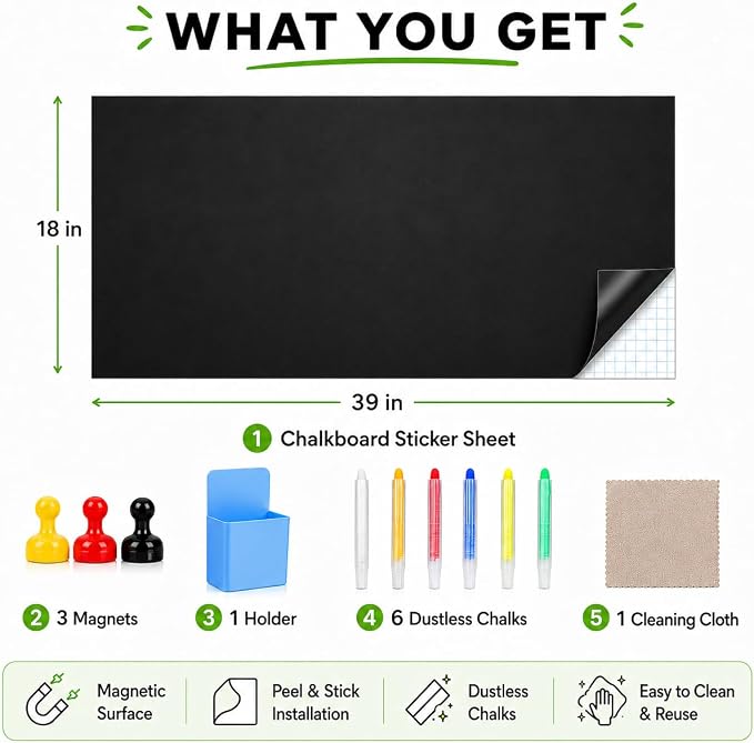 Magnetic Chalkboard 18"x39" for Wall Chalk Board Sticker | Peel & stick magnetic contact paper for walls. Magnet receptive sheet holds magnets, perfect for office or drawing.