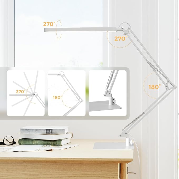LED Desk Lamp with Slim Base - Adjustable Swing Arm Desk Light, Dimmable, Timer, Eye Protection, Memory Function, 1300LM, 12W, White